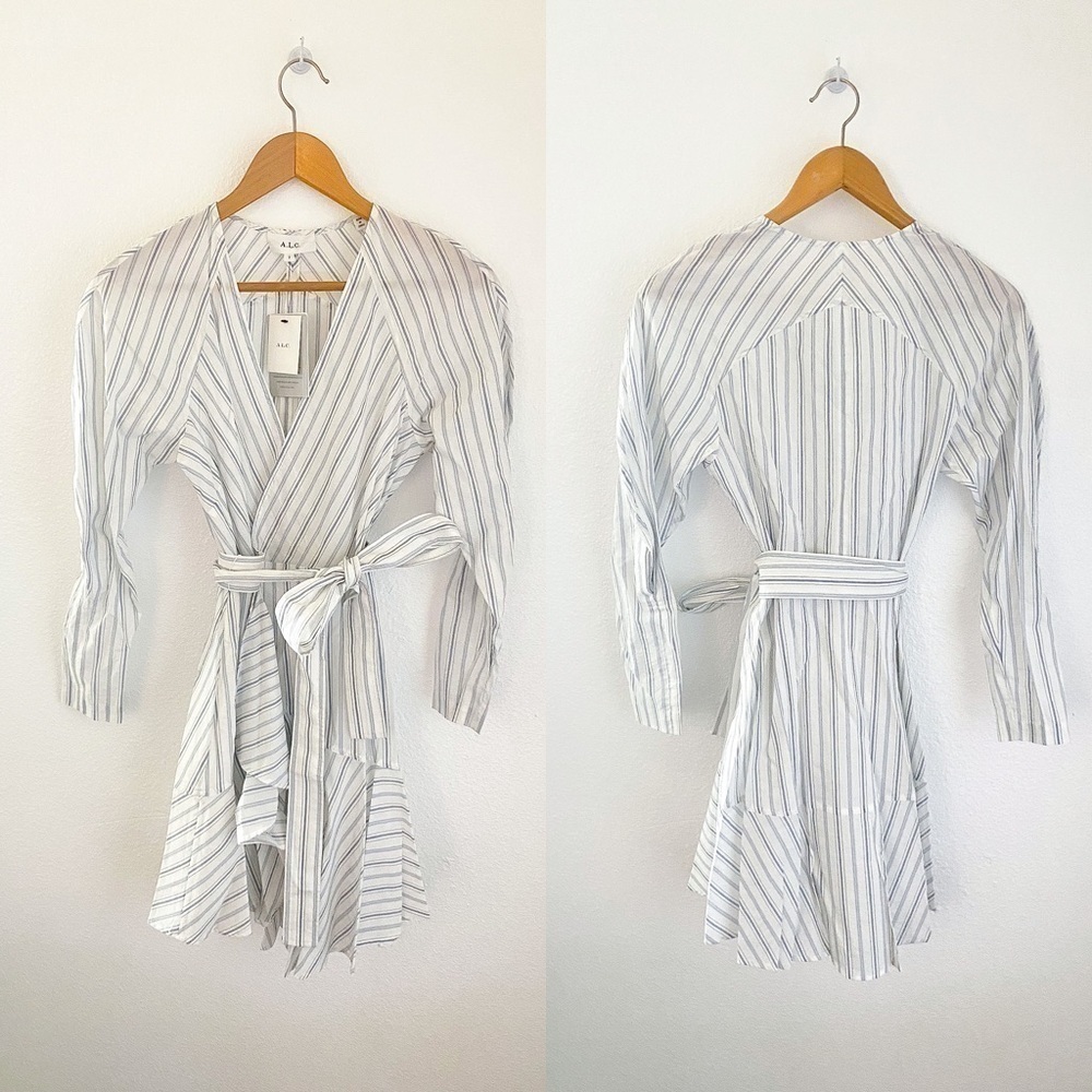 A.L.C. Enzo Dress Stripe Wrap Poplin White Salmon Size 2 NWT - Picture 2 of 9